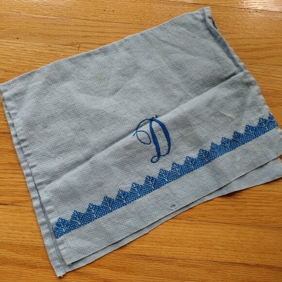 Vintage Monogram D Tea Towel Blue Embroidered Cloth Napkin Doily AS IS DAMAGED - Picture 1 of 13